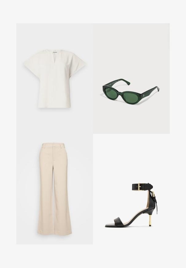 Trumpas rankovės baltas marškinėliai su V formos iškirpte ir laisvu siluetu. Lygus audinys su subtiliu blizgesiu ir šoninėmis plyšio detalėmis, užtikrinančiomis judrumą.; Bežiniai plačios kojos kelnes su lygiu paviršiumi, turinčios aukštą liemenį ir dvi priekinės kišenes. Švarus dizainas su pritaikytu siluetu.; Juodas odinis aukštakulnis šlepetės su kvadrato formos pirštu, kulkšnies dirželiu su auksiniu užsegimu ir liesu metaliniu kulnu. Lygus paviršius, minimalistinis dizainas.; Žalios saulės akinių su blizgiu paviršiumi, stačiakampiai rėmeliai ir tamsiai žalios objektyvai. Šone yra subtilus logotipas ant šventyklos.