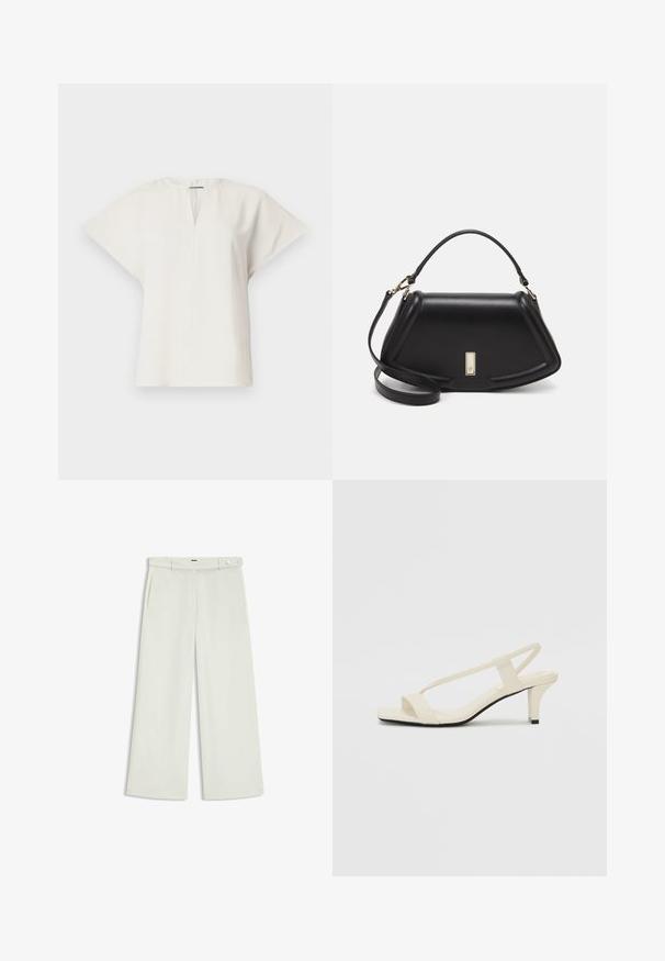 Kortærmet hvid top med V-hals og afslappet silhuet. Glat stof med en subtil glans og sideslids for nem bevægelse.; Bredde bukser i lys cremefarvet stof, med sidelommer, flad front og en enkelt knaplukning i taljen. Glat tekstur.; Beige blokhælede sandaler med tynde remme og en firkantet tå. Glat materiale med minimal detaljering, designet til nem brug.; Sort læderhåndtaske med en struktureret design, der har en kortet form, tophåndtag og guld hardware-accenter. Justerbar skulderrem inkluderet.