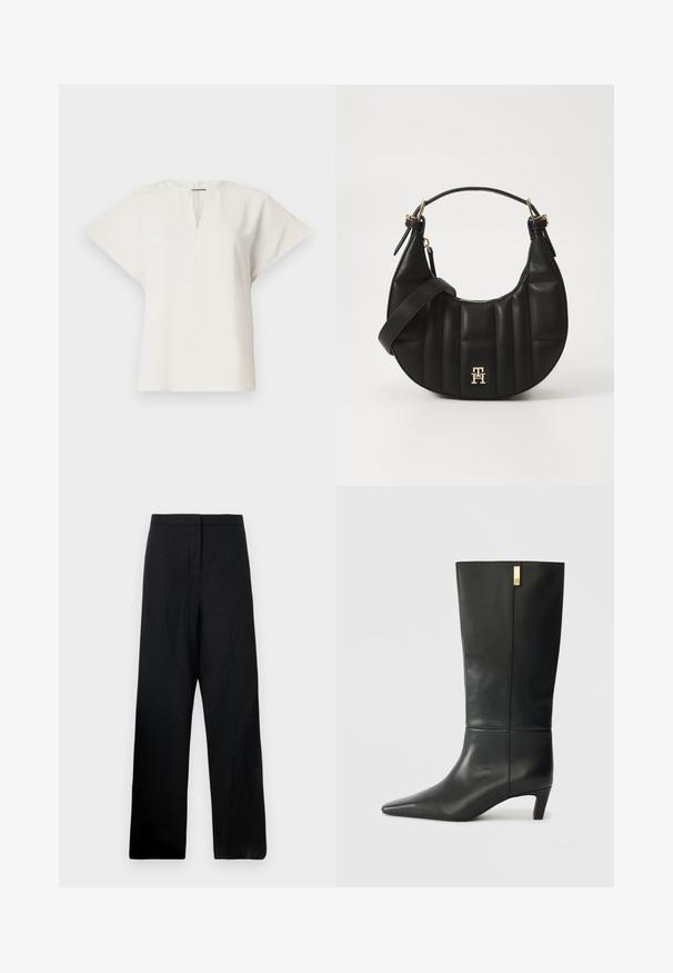 Short-sleeve white top with a V-neck and relaxed silhouette. Smooth fabric with a subtle sheen and side slits for ease of movement.; Black wide-leg trousers made from a lightweight fabric. Features a smooth texture, high waist, and minimal stitching details.; Black leather knee-high boot with a pointed toe and a small heel. Features a sleek design with a gold accent detail. Smooth texture.; Black leather handbag with a curved shape, quilted texture, and gold hardware. Features a detachable shoulder strap and logo detail.