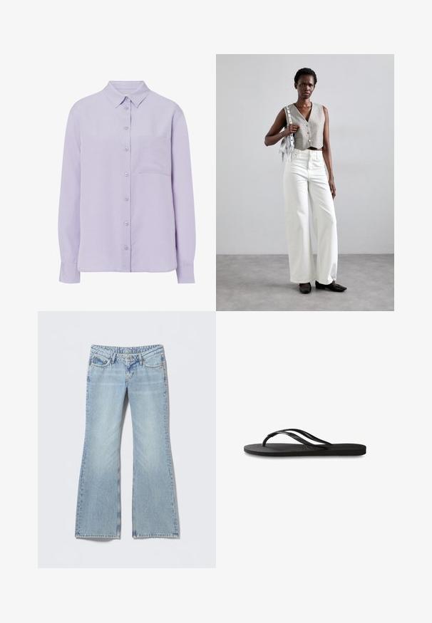 Light lavender long-sleeve shirt made of soft fabric, featuring a button-up front, collared neckline, and single chest pocket.; Black off-shoulder top made from soft, stretchy fabric, featuring ruched details and a wide strap design on one side.; Light blue flared jeans with a faded finish, five-pocket design, and contrasting stitching. Cotton denim with a smooth texture.; Black flip-flop featuring a textured rubber sole, two slender straps, and a subtle, embossed logo detail on the strap.; Gray cropped vest with buttons, paired with white wide-leg jeans and black flat shoes. Accessorized with a small silver fringe bag.