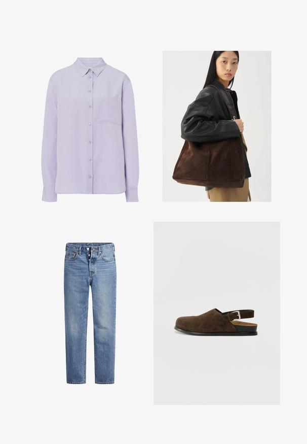 Camicia a maniche lunghe di un leggero color lavanda, realizzata in un tessuto morbido, con chiusura a bottoni sul davanti, collo e una tasca sul petto.; Jeans in denim blu chiaro con taglio dritto, design a cinque tasche e chiusura con bottone. Presentano una leggera sbiaditura e dettagli in cucitura arancione.; Scarpa slip-on in suede marrone con tacco basso, cinturino regolabile con fibbia argentata e suola in gomma nera.; Borsa tote in suede marrone con forma ampia e texture morbida, caratterizzata da una strap singola e hardware minimale su uno sfondo neutro.