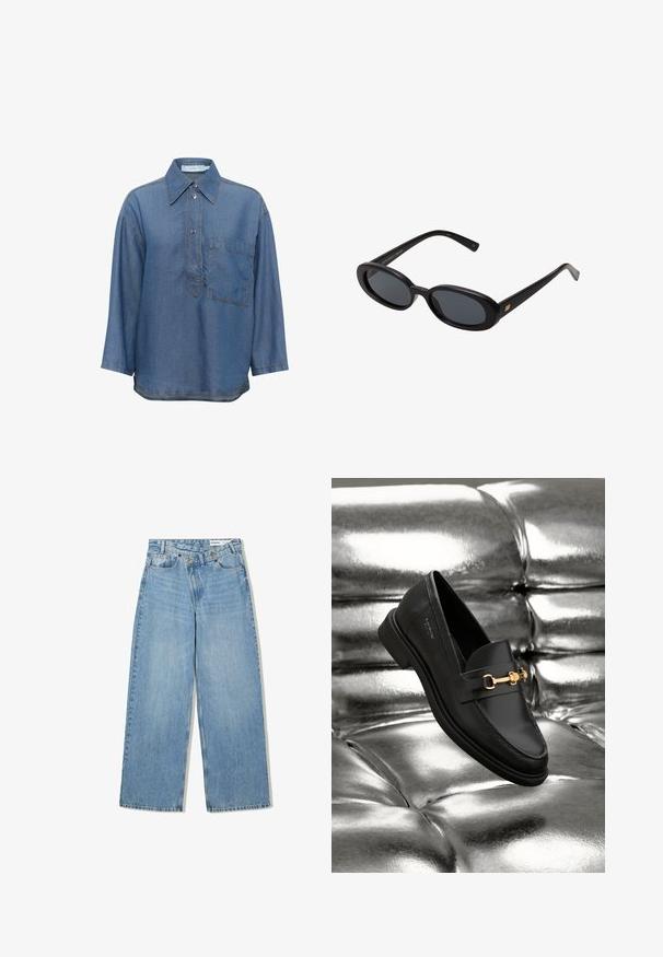 Blå denimskjorta med spetsig krage, lång ärm, frontknäppning och en enda bröstficka. Har kontrasterande sömmar.; Ljusblå vida jeans i denim, med hög midja, fem fickor, knappstängning och subtil blekning för textur.; Svart läderloafer med detaljer i guldfärg. Skon har en slank design och en jämn, blank yta.; Svarta överdimensionerade solglasögon med ovala linser, slät plastbåge och guldaccent på bågarna. Mörka linser ger solskydd.; Mjuk brun hobo-väskastil med ett brett axelband och en rundad öppning upptill, visad på en vit bakgrund.