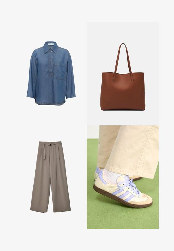 Camicia in denim blu con colletto a punte, maniche lunghe, bottoni frontalmente e una tasca sul petto. Presenta cuciture a contrasto.; Pantaloni a gamba larga in un morbido tessuto grigio tenue, con vita con cintura e pieghe per un tocco di design aggiuntivo. Texture liscia, senza motivi.; Sneakers crema e lavanda con tre strisce e suola marrone texturizzata, dotati di lacci e tallone imbottito. Parte superiore in tessuto morbido.; Borsa tote in pelle marrone con texture liscia, design con apertura superiore e due spallacci. Presenta cuciture minime e nessun hardware visibile.