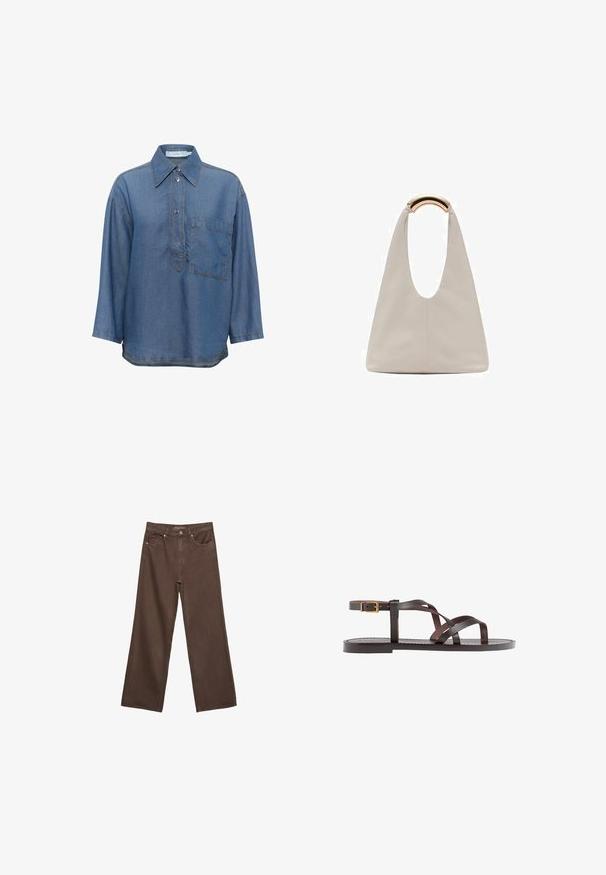 Denim srajca v modri barvi s ostro ovratnico, dolgimi rokavi, sprednjim gumbnim zapiranjem in enim žepom na prsih. Ima kontrastno šivanj.; Široke rjave kavbojke iz denima, ki imajo visok pas, sprednje žepe in klasično zapiranje na gumb. Gladka tekstura s subtilnim šivom.; Rjav usnjen sandal z načinom prečnega črta, zaklepom okoli gležnja in ravnim podplatom z minimalnimi šivi.; Svetlo siva usnjena torba z U-oblika zasnovo in ukrivljenim kovinskim ročajem. Gladka tekstura z minimalnim šivom in brez vidnih vzorcev.