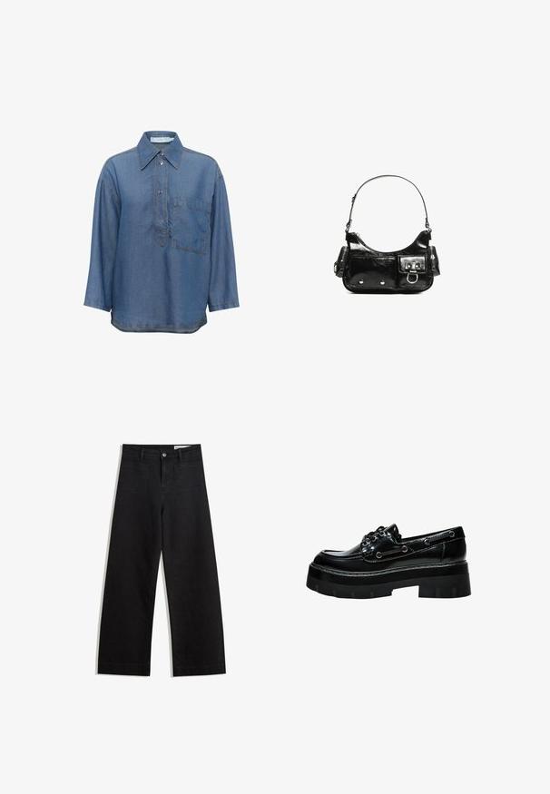 Modrá deninová košeľa s špicatým golierom, dlhými rukávmi, predným zapínaním na gombíky a jednou náprsné kapsou. Má kontrastné švy.; Čierne denimové nohavice s širokými nohavicami a vysokým pásom, so prednými a zadnými vreckami, šitými švami a zapínaním na gombík. Hladká textúra.; Čierne lakované topánky s robustnou platformou, zaoblenou špičkou, šnurovacím dizajnom a striebornými okuhami. Majú textúrovanú, vzorkovanú podrážku.; Čierna laková kožená kabelka s ohnutým tvarom, jedným ramenným popruhom, prednými vreckami a striebornými kovovými doplnkami.