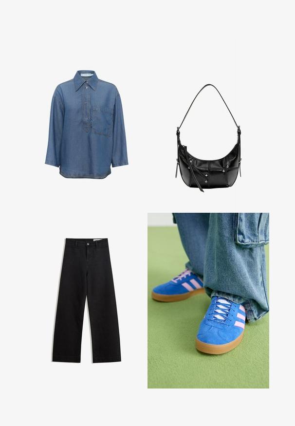 Camicia in denim blu con colletto a punte, maniche lunghe, bottoni frontalmente e una tasca sul petto. Presenta cuciture a contrasto.; Pantaloni in denim neri a gamba larga con vita alta, dotati di tasche anteriori e posteriori, cuciture a punto, e chiusura con bottone. Texture liscia.; Scarpe scamosciate blu con strisce rosa e lacci bianchi, dotate di una suola in gomma, abbinate a pantaloni di denim larghi su una superficie verde.; Borsa a spalla in pelle nera con forma curvata, caratterizzata da borchie in argento e dettagli cuciti. Tracolla regolabile per versatilità.