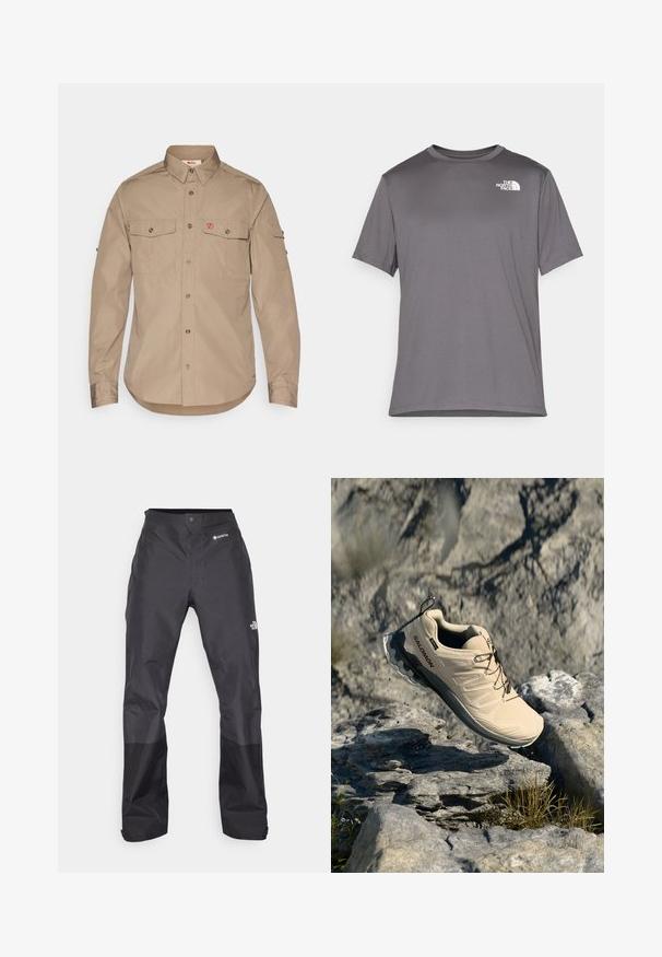 Šviesiai smėlinė ilgarankovė marškinėliai su dviem krūtinės kišenėmis, sagų uždarymu, apvaliu galiuku ir raudonu logotipu kairėje kišenės vietoje.; Pilkos spalvos trumpomis rankovėmis sportinė marškinėlė, pagaminta iš lygaus, lengvo audinio. Kairėje krūtinės pusėje yra baltas logotipas. Apvalaus kaklo dizainas.; Juodos vandeniui atsparios kelnės su lygiu paviršiumi, su GORE-TEX logotipu priekyje ir sustiprintomis apačiomis dėl ilgaamžiškumo.; Bežiniai Salomon bėgimo bateliai pakilę virš akmeningos laukinės gamtos teritorijos, kurioje išsibarsčiusi žolė ir mažos akmenys.