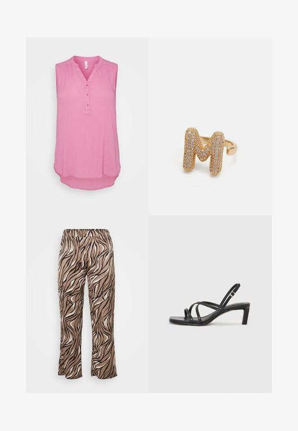 Sleeveless pink blouse with a v-neck and five-button placket. Soft fabric with a slightly textured finish and a rounded hemline.; Brown and cream zebra-print trousers with an elastic waistband, featuring a wide-leg design and smooth fabric texture.; Black strappy sandal with a square toe and a low block heel. Features multiple thin straps and an adjustable ankle strap. Made of smooth leather.; Gold ring featuring a large "M" design, encrusted with small clear rhinestones, smooth shiny band, modern bold appearance.