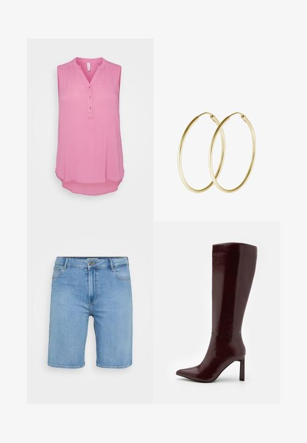 Džemperis be rankovių, rožinės spalvos, su V formos iškirpte ir penkių mygtukų uždarymu. Minkšta medžiaga su šiek tiek tekstūruotu paviršiumi ir suapvalinta apatine dalimi.; Šviesiai mėlynos džinsinės šortai su klasikinio kirpimo, turintys priekinį mygtuką, diržo kilpas ir dvi šonines kišenes. Lygus paviršius ir tiesus apvadas.; Even&Odd Batai - dark red; Aukso auskarai žiedai su lygia, apvali forma ir blizgiu paviršiumi. Lengva konstrukcija su saugiu užsegimu.