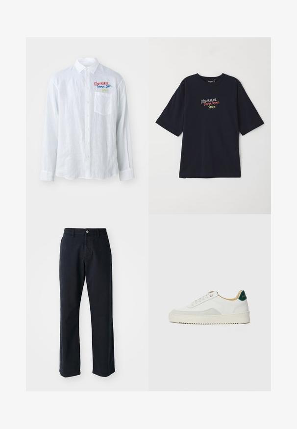 Biela košeľa s dlhým rukávom z textúrovanej látky, s náprsním vreckom a multicolor vyšívaným textom na ľavej strane.; Námornícky modré bavlnené tričko s krátkymi rukávmi. Obsahuje farebný vyšívaný text: "DSQUARED2 SUMMER LOVERS XOXO" v červenej, zelenej a bielej farbe.; Námornícky modré bavlnené nohavice so strihačom rovného strihu, s predným zapínaním na gombík a dvoma bočnými vreckami. Hladký povrch, žiadne viditeľné vzory.; Biele tenisky s semišovými akcentmi, zaoblenou špičkou, plochými šnúrkami a krémovou gumovou podrážkou. Na päte sú zelené značky.