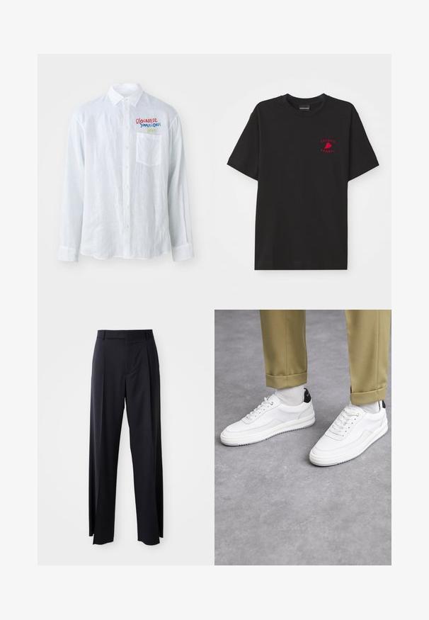 Weißes Langarmhemd aus strukturiertem Stoff mit einer Brusttasche und mehrfarbigen gestickten Text auf der linken Seite.; Schwarzes Baumwoll-T-Shirt mit Rundhalsausschnitt und kurzen Ärmeln; mit rotem gesticktem "Emporio Armani"-Logo und Herz im Brustbereich.; Schwarze, hoch taillierte Hose mit weitem Bein, aus glattem Stoff. Verfügt über vorne gelegte Falten und Gürtelschlaufen. Minimalistisches Design, ohne sichtbare Beschläge.; Weiße Sneakers mit einer strukturierten Lederoberfläche, abgerundeter Zehenpartie und schwarzem Fersenakzent. Gummisohle mit kleinem Profilmuster und genähten Details.