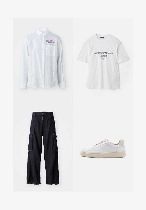 White long-sleeve shirt in a textured fabric, featuring a chest pocket and multicolored embroidered text on the left side.; White cotton t-shirt with short sleeves, featuring "EMPORIO ARMANI MILANO 1981" in dark gray lettering and a logo. Classic crew neck design.; Dark blue denim cargo pants with wide legs, featuring large side pockets and a front button closure. Heavyweight fabric, yellow stitching accents.; White sneaker featuring a smooth leather upper, beige laces, and a textured beige suede heel tab. Elevated sole for added height.