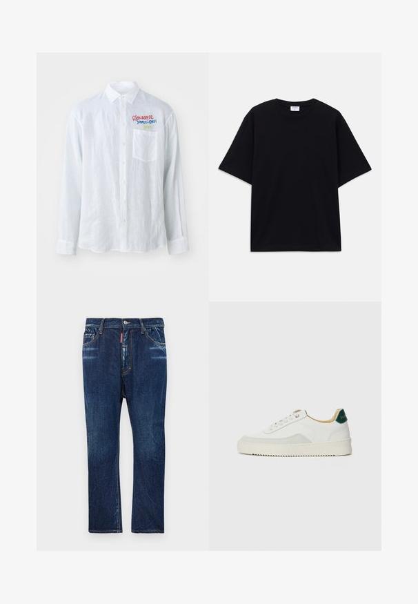 Valkoinen pitkähihaine paita tekstuurilla, jossa on rintatasku ja monivärinen brodeerattu teksti vasemmalla puolella.; Mustat lyhythihainen oversized T-paita, jossa on pyöreä kaula-aukko ja näkyvä Filippa K -tuotemerkki etiketti kauluksessa.; Tummansiniset farkut suoran lahkeen mittasuhteella, joissa on vaalea kulutus, keltainen ompelu, etutaskut ja nappikiinnitys.; Valkoiset tennarit, joissa on nahkaosia, pyöreä kärki, tasaiset nauhat ja kermaisa kumi-pohja. Takana vihreä brändäys.