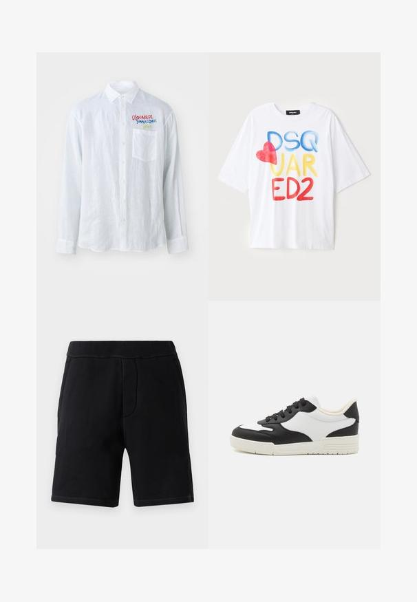 Valge pika varrukaga pluus tekstuuriga kangast, millel on rinna tasku ja mitmevärviline tikand vasakul küljel.; Valge lühikeste varrukatega t-särk, millel on mitmevärviline tekst: "DSQ JAR ED2" sinises, kollases ja punases, punase südame aktsendiga. Puuvillane kangas.; Mustad mustrid sportlikud lühikesed püksid, valmistatud pehmest materjalist; omaduseks on elastne vöökoht, kaks küljetaskut ja kontrastne õmblus.; Mustvalge tennise jalanõud siledast nahast ülaosaga, ümarate varvastega ja tasase kummist tallaga. Omab musti paelu ja pehmet voodrit.