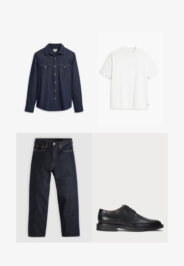 Camisa de ganga azul escura, com mangas longas, colarinho pontudo e dois bolsos no peito. Apresenta botões de pressão prateados e costuras em contraste.; T-shirt de algodão branco com mangas curtas, decote redondo e logo discreto da Levi's impresso no centro. Tecido macio e ajuste padrão.; Jeans de denim azul-escuro com corte reto, cinco bolsos, costura laranja em contraste e fecho de botão. Sem padrões ou adornos visíveis.; Sapato de vestido em couro preto com bico redondo, design com atacadores e um salto baixo empilhado. Textura suave com detalhes de costura mínimos.
