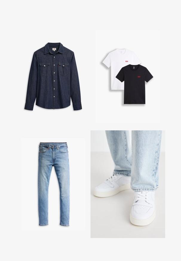 Dunkelblaue Jeanshemden mit langen Ärmeln, spitzen Kragen und zwei Brusttaschen. Verfügt über silberne Druckknöpfe und kontrastierende Nähte.; Zwei kurzärmlige T-Shirts: eines in Weiß und eines in Schwarz. Beide aus Baumwolle mit einem roten Levi's-Logo auf der Brust. Einfaches Rundhals-Design.; Hellblaue Jeans aus Denim mit geradem Schnitt, fünf Taschen, Knopfverschluss und subtiler Ausbleichung über den Stoff.; Weiße Leder-Low-Top-Sneaker mit perforierter Zehenpartie, flachen Schnürsenkeln und minimalistischem Design. Kombiniert mit hellblauen Jeans.