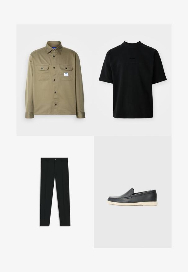 Olive green button-up shirt made of smooth fabric, featuring two chest pockets, black buttons, and a blue and white brand label.; Black short-sleeve t-shirt made of cotton with a high neck, featuring a smooth texture and subtle logo in the center.; Black dress pants with a straight-leg design, made of smooth fabric. Features a front button closure and belt loops. Plain without patterns.; Black leather slip-on loafers with a textured finish and a contrasting beige rubber sole. Features a subtle accent along the front.