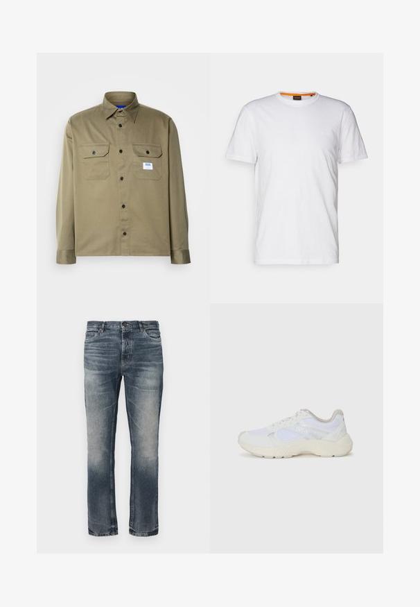 Olíva zöld gombos ing sima anyagból, két mellzsebbel, fekete gombokkal és kék-fehér márkás címkével.; Fehér pamut póló kerek nyakkivágással, rövid ujjakkal, és finoman domborított logóval a mellkason. A belső címke narancssárga akcentussal rendelkezik.; Kék farmernadrág egyenes szárú szabással. Világos, kopott részek, klasszikus öt zsebes dizájn, és egyetlen fém gombos zárás a deréknál.; Fehér sportcipők, amelyek hálós és velúr anyagból készültek, texturált középtalppal, texturált részletekkel és a "HUGO" logóval az oldalon.