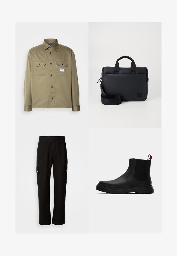 Chemise olive en tissu lisse avec boutons, dotée de deux poches poitrine, de boutons noirs et d'une étiquette de marque bleue et blanche.; Pantalons cargo noirs en coton avec une coupe décontractée, dotés de poches latérales, d'une fermeture à bouton et de jambes droites. Design simple sans motifs.; Bottines noires avec une finition lisse, des panneaux latéraux élastiques et une languette rouge contrastante, présentant une semelle en caoutchouc épaisse et un bout arrondi.; Sacoche pour ordinateur portable noire texturée avec deux poignées supérieures, une bandoulière amovible, une fermeture éclair et un petit patch logo pour le branding.