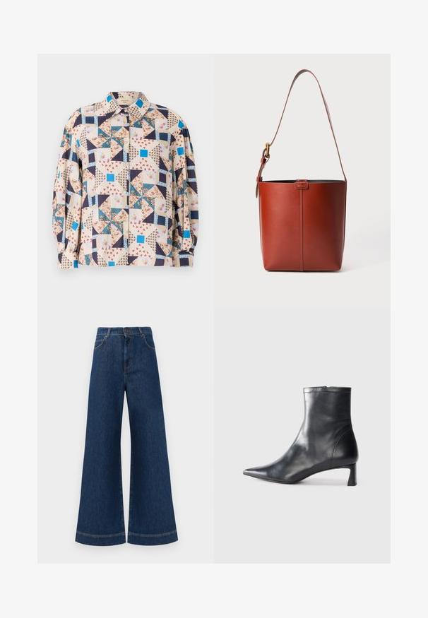 Button-Up-Hemd mit einem Patchwork-Design aus floralen und geometrischen Mustern in Beige-, Blau-, Marine- und Rottönen; Lange Ärmel.; Weite blaue Jeans aus Denim mit hoher Taille, ausgestattet mit einem Knopfverschluss, Gürtelschlaufen und dezenten Stichdetails an den Taschen und Säumen.; Schwarze Lederstiefelette mit spitzer Zehe und schlankem Design. Verfügt über einen niedrigen Absatz und einen Reißverschluss hinten. Glatte Textur.; Braune Leder-Eimer-Tasche mit verstellbarem Schultergurt und goldfarbener Schnalle, einfache vertikale Nahtdetails auf der Vorderseite.
