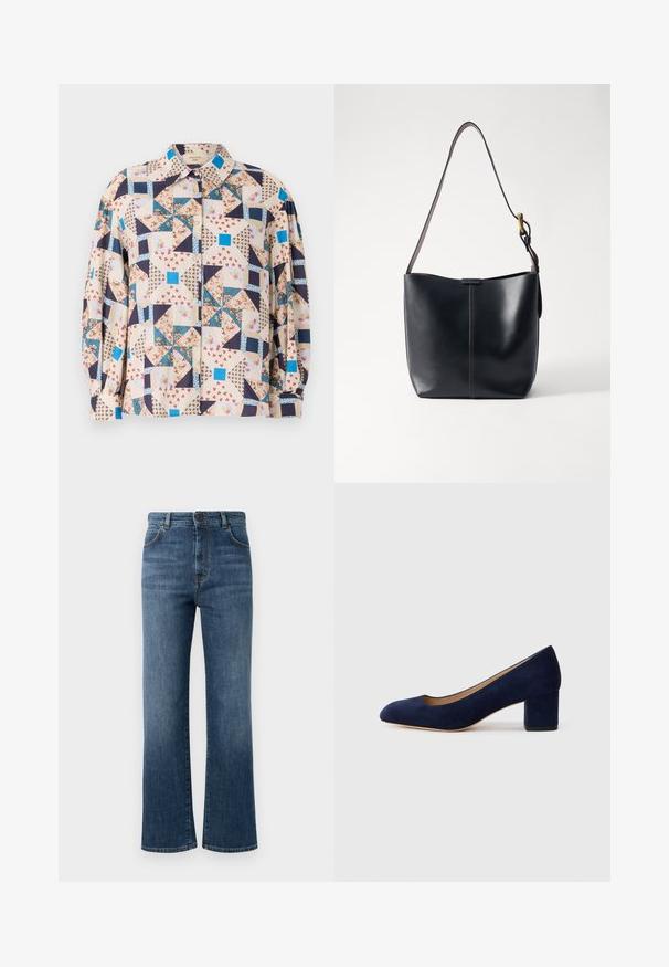 Button-Up-Hemd mit einem Patchwork-Design aus floralen und geometrischen Mustern in Beige-, Blau-, Marine- und Rottönen; Lange Ärmel.; Dunkelblaue Denim-Jeans mit geradem Bein, fünf Taschen-Design, Knopfverschluss und dezenten Steppnähten.; Marineblaue Wildleder-Pumps mit spitzem Zehenbereich und einem mittelhohen Blockabsatz. Glatte Textur mit einem subtilen Glanz und einem kleinen Ausschnitt an der Vorderseite.; Schwarze Leder-Schultertasche mit glatter Oberfläche, ausgestattet mit einem dünnen, langen Tragegurt und einem dezenten genähten Detail in der Mitte.