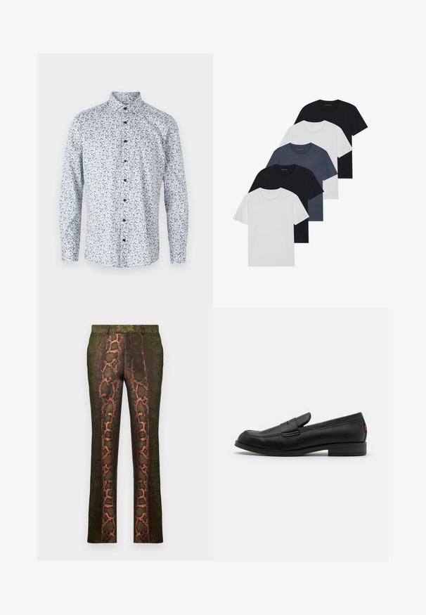 Camisa de botão de mangas compridas com uma base branca, apresentando um padrão floral em azul e verde escuro. Botões pretos e um design de colarinho clássico.; Conjunto de cinco t-shirts em preto, branco e azul marinho. Tecido de algodão, mangas curtas, design de gola redonda e textura lisa sem padrões.; Calças verdes com padrão serpente, em tons de castanho e laranja, corte reto e textura suave.; Mocassim de couro preto com um acabamento suave, bico arredondado e uma pequena aba decorativa. Apresenta um salto baixo em camadas e um detalhe de branding discreto.