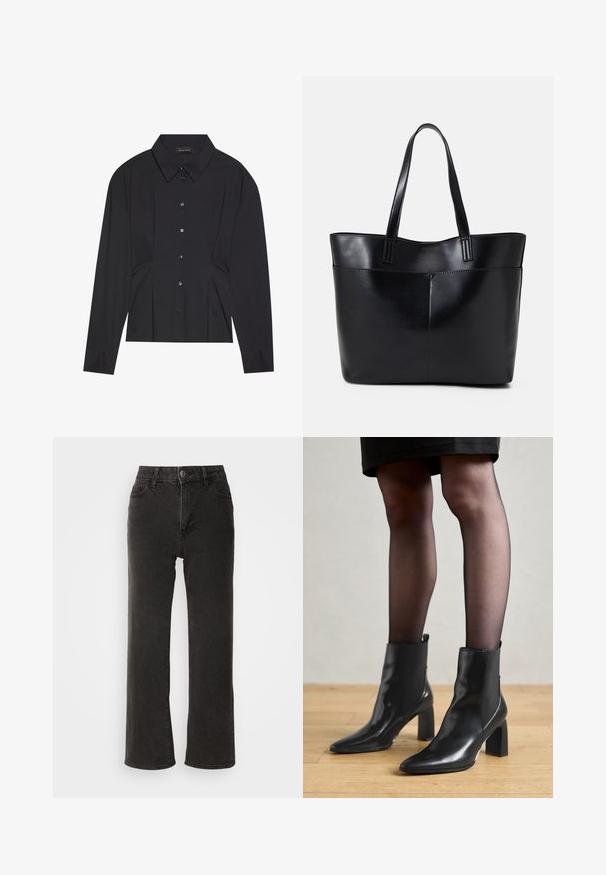 Maglietta nera a maniche lunghe con colletto a punta, chiusura a bottoni e design plissettato in vita. Realizzata in tessuto morbido con polsini aderenti.; Jeans neri a gamba larga in denim, caratterizzati da una chiusura frontale con bottone, passanti per cintura e cinque tasche, con una texture leggermente sbiadita.; Stivaletti neri in pelle con punta affusolata, tacco quadrato imponente e design elegante. Dotati di pannelli laterali elasticizzati per una facile vestibilità.; Borsa a tracolla in pelle nera con due manici lunghi, una texture liscia e una forma strutturata. Presenta una tasca frontale per ulteriore spazio di archiviazione.