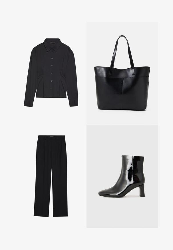 Svart langermet skjorte med spiss krage, knappestolpe og plissering ved midjen. Laget av glatt stoff med tilpassede mansjetter.; Sorte bukser med rette ben, som har to frontlommer og en talje. Laget av et glatt, lett stoff.; Sorte patentlær ankle boot med spiss tå og en mellomhøy blokkhelt. Glatt tekstur og minimalistisk design.; Svart lær toteveske med to lange håndtak, en glatt tekstur og en strukturert form. Har en frontlomme for ekstra oppbevaring.