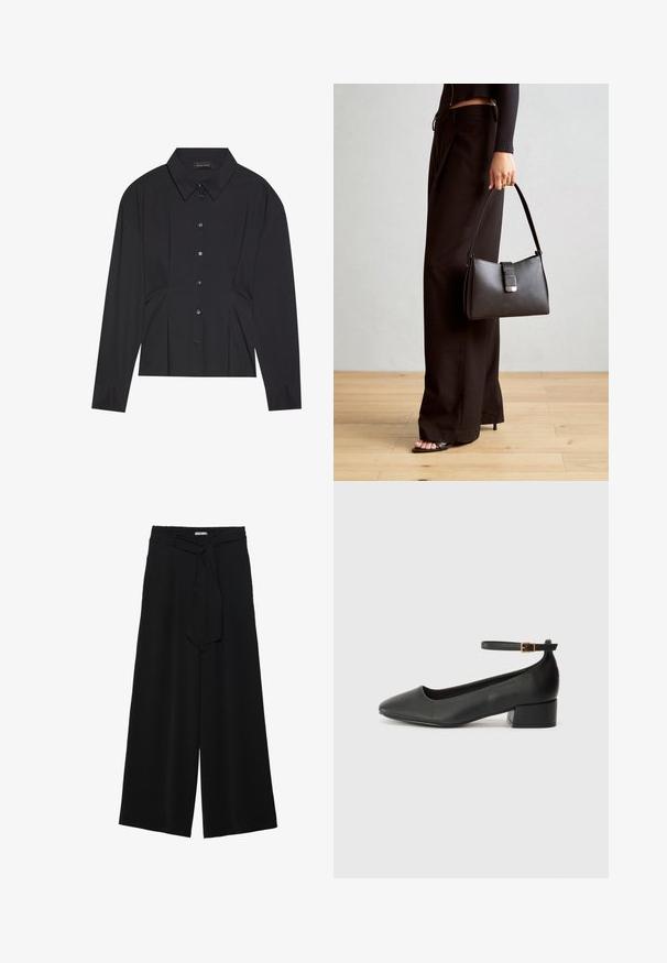 Maglietta nera a maniche lunghe con colletto a punta, chiusura a bottoni e design plissettato in vita. Realizzata in tessuto morbido con polsini aderenti.; Pantaloni neri a gamba larga caratterizzati da un tessuto testurizzato, una vita elastica e una cintura staccabile per una vestibilità regolabile.; Pump in pelle nera con punta affusolata e tacco basso a blocco. Presenta una cinghia alla caviglia con una fibbia in tonalità oro. Texture liscia.; Borsa nera con forma strutturata, texture liscia e una chiusura metallica. Abbinata a pantaloni neri larghi e sandali open-toe su un pavimento in legno.