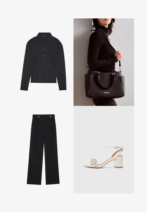 Camisa negra de manga larga con cuello puntiagudo, cierre de botones en el frente y diseño plisado en la cintura. Fabricada con un tejido suave y puños ajustados.; Pantalones de pierna ancha negros con cintura alta, detalles de botones en la cinturilla y pliegues en la parte delantera.; Sandalía blanca de punta abierta con un cinturón grueso, que presenta una banda de purpurina texturizada a lo largo del pie y una correa en el tobillo ajustable.; Bolso negro con superficie texturizada, doble asa superior y correa para hombro ajustable. Presenta herrajes en tono dorado y bolsillos laterales.