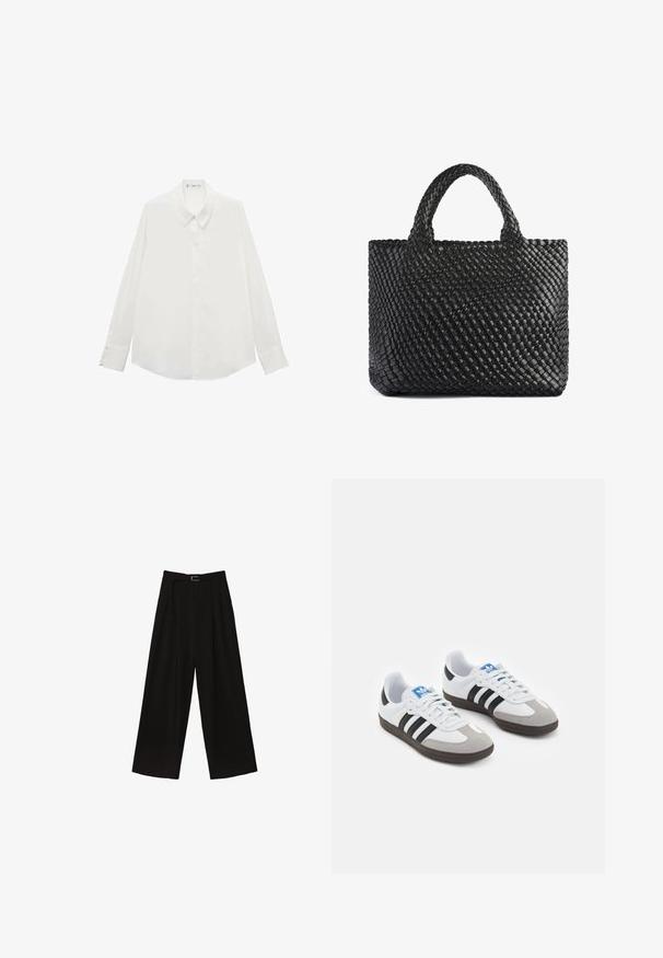 Long-sleeve white blouse made of smooth fabric, featuring a pointed collar and buttoned cuffs, with a straight hem and no patterns.; Black wide-leg trousers with a high waist, featuring a belt at the waist and pleats for texture. Made from a smooth, lightweight fabric.; Sport shoes with a white leather upper, gray suede toe, and three black stripes. Features a blue logo on the tongue and a textured rubber sole.; Black woven tote bag with two handles, featuring a textured surface and a rectangular shape. Simple, unique design with no visible hardware.