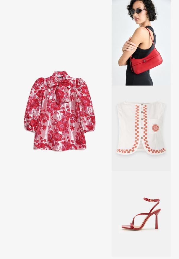 White sleeveless top featuring a geometric orange pattern along the front and hem, with decorative buttons and a pocket with a sun motif.; Red floral blouse with puff sleeves, high neck, and bow detail. Made of shiny fabric with a pattern of large flowers on a pink background.; ALDO SCINTILLA - High heeled sandals - red; Red leather shoulder bag with a smooth texture, curved design, and a decorative buckle accent. Adjustable strap and zip closure.