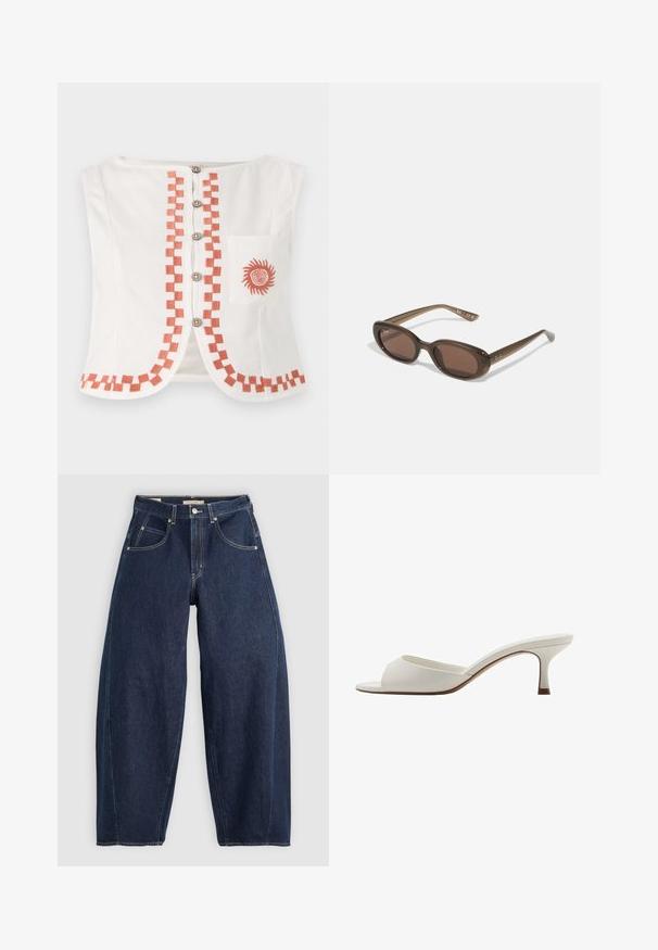 Hvid ærmeløs top med et geometrisk orange mønster langs fronten og kanten, med dekorative knapper og en lomme med et solmotiv.; Mørkeblå denim jeans med løs pasform, lyse syninger, fem lommer og en knaplukning ved taljen.; Hvide åbne højhælede mules med en glat finish, minimalistisk design og en slank hæl, der har en subtil brun accent på sålen.; Brune ovale solbriller med mørke linser. Stellet er lavet af transparent brunt materiale og har et logo trykt på stængerne.; Grøn lædertaske med en glat tekstur, buet form og flettet håndtag. Har lynlås lukning og justerbar rem.