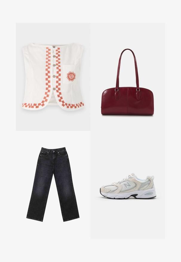 Bijela bezrukavna majica s geometrijskim narančastim uzorkom duž prednje strane i ruba, s dekorativnim gumbima i džepom s motivom sunca.; Crne traperice visokog struka s širokim nogavicama, dizajn s pet džepova i vidljivim šavovima. Tkanina ima glatku, blago teksturiranu završnu obradu.; Atletska obuća s gornjim dijelom od svijetlosivog mrežastog materijala s nijansama antilopa, bijelim vezicama i crnom gumenom potplatom. Značajna ABZORB amortizacija.; Zign LEATHER - Ručna torba - dark red