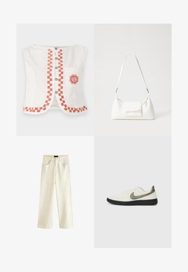 Hvid ærmeløs top med et geometrisk orange mønster langs fronten og kanten, med dekorative knapper og en lomme med et solmotiv.; Bredbenede bukser i en lys beige denim, med knaplukning, fem lommer og en glat tekstur. Enkel og moderne design.; Nike Sportswear FIELD GENERAL - Sneakers - off-white/black; Hvid syntetisk håndtaske med en trekantet form, flad forsideklap og sløjfedetalje, justerbar strop, glat tekstur og minimalistisk design.