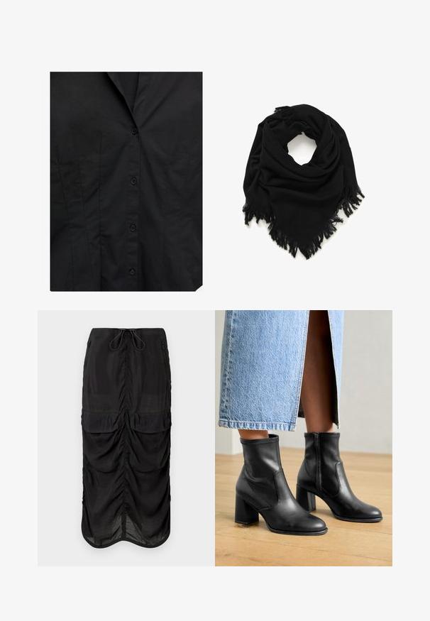 Black fitted shirt front with button closure and subtle vertical seam detailing on plain fabric background.; Black midi skirt made of lightweight fabric. Features gathered detailing, two front pockets, and a drawstring waistband for adjustability.; Black leather ankle boots with a block heel, featuring side elastic panels and a smooth finish, worn with a light blue denim skirt.; Black scarf made of soft fabric, featuring a triangular design with fringed edges. The surface is smooth, without patterns or embellishments.; Black metal chain necklace featuring elongated links, a central drop accent, and a circular pendant at the end, all in a matte finish.