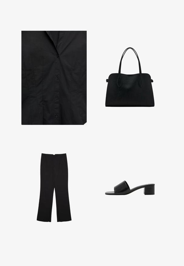 Crna prilagođena košulja sprijeda s kopčanjem na gumb i suptilnim vertikalnim šavovima na jednostavnoj pozadini.; Crne hlače ravnog kroja, s prednjim džepovima i bočnim prorezima na rubu. Izrađene od mekog i glatkog materijala. Pogodne za razne prigode.; Crne kožne sandale otvorenih prstiju s širokom trakom i čvrstim blok-potpeticom. Imaju glatku teksturu i minimalistički dizajn.; Crna kožna torba s dvostrukim naramenicama, pravokutnog oblika i minimalističkim dizajnom na bijeloj pozadini.