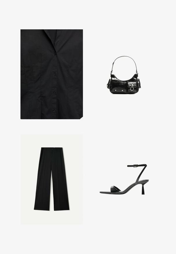 Zwarte aansluitende shirt voorkant met knoopsluiting en subtiele verticale naad details op een effen stof achtergrond.; Bershka WIDE - Broek - black; Bershka Sandalen met hoge hak - black; Zwarte laarzen in lakleer met een gebogen vorm, één schouderband, voorvakken en accenten in zilverkleurig metaal.; Zilverkleurige metalen ringenset met verstrengelde ronde ontwerpen in verschillende breedtes, met een gladde afwerking en een sluitdetail.