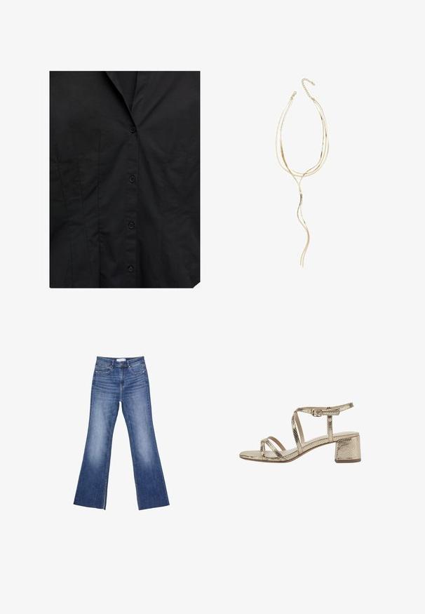 Čierna priliehavá košeľa vpredu s patentným zapínaním a jemným vertikálnym švom na hladkom pozadí.; Modré denimové džíny s vysokým pásom, prednými vreckami a miernym rozšírením na spodnej časti na bielom pozadí.; Zlaté sandále s hadím vzorom, ktoré majú tri diagonálne popruhy a nastaviteľný remienok na členku, s nízkym blokovým podpätkom a hladkým interiérom.; Zlatý viacpramenný náhrdelník s vlnitými tvarmi; obsahuje hladký, lesklý kovový povrch a nastaviteľný reťazec na prispôsobenie dĺžky.