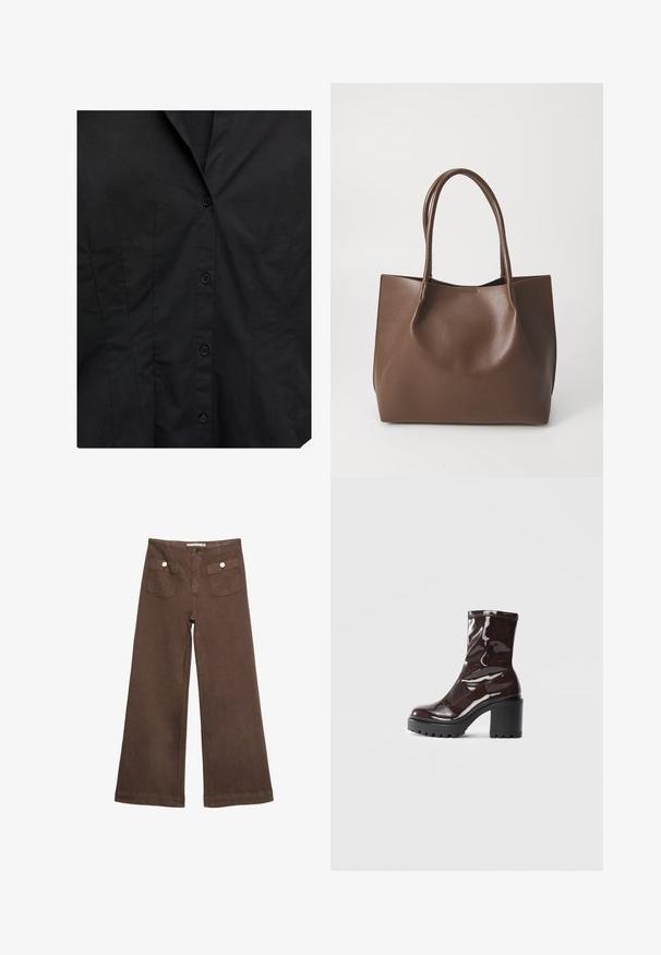 Svart åtsittande skjorta fram med knappstängning och subtil vertikal sömdetaljering på en enfärgad bakgrund.; Bruna vida byxor i bomull med två framfickor med silverknappar och en slät yta.; Glansig bordeauxfärgad ankelsko med en kraftig svart klack, som har en slät yta och enkel design. Inga synliga stängningar eller mönster.; Brun läder toteväska med två långa handtag, strukturerad form, slät textur och minimalistisk design. Ingen synlig hårdvara eller accenter.