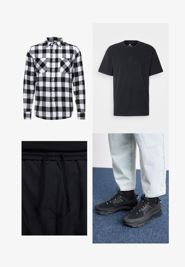 Svart-og-hvitt rutete skjorte med knapper, med lange ermer, to brystlommer og standard krage. Laget av et mykt stoff.; Nike svart bomull T-skjorte med klassisk rund hals, korte ermer, og en subtil, preget logo på brystet. Glatt tekstur.; Sorte shorts med snor i livet, lett stoff med en jevn tekstur, og et enkelt design uten synlige logoer eller mønstre.; Svarte sportssko med teksturert stoff og gummisåler, med elastiske lisser og en blå detalj på hælen. Brukt med lyse denimbukser.