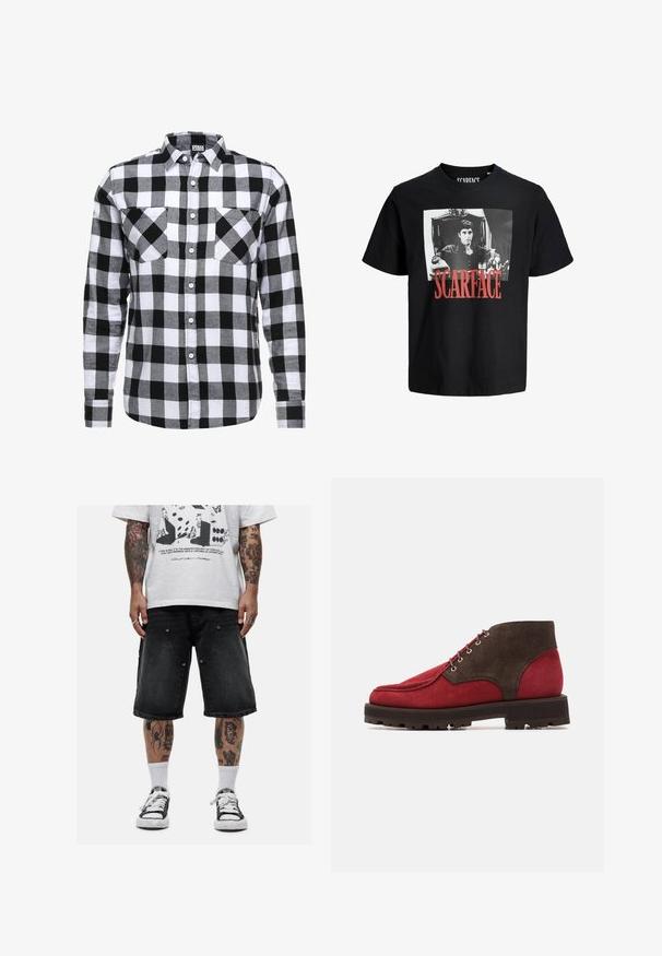 Camicia a quadri bianco e nero con bottoni, maniche lunghe, due tasche sul petto e colletto standard. Realizzata in un tessuto morbido.; T-shirt in cotone nero con una grafica bianca in evidenza di un uomo seduto su una sedia. La parola "SCARFACE" è stampata in rosso intenso sotto l'immagine.; Good For Nothing WIDE LEG SHORTS - Shorts di jeans - black; Stivali ankle in camoscio rosso e marrone con punta rotonda, occhielli in metallo e suola in gomma nera testurizzata. Presentano pannelli superiori a contrasto.