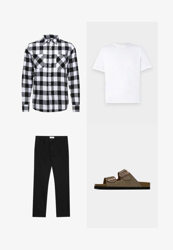 Chemise à carreaux noir et blanc à boutons, avec manches longues, deux poches poitrine et col standard. Fabriquée dans un tissu doux.; T-shirt en coton blanc à col rond et manches courtes. Texture lisse, coupe droite, sans motifs ni accents. Vue de dos uniquement.; Jean droit noir avec un design à cinq poches, fermeture à bouton et zip, et une étiquette de marque Pier One sur la taille.; Sandales en cuir suédé marron avec deux sangles ajustables et boucles métalliques. Semelle en liège et semelle texturée noire. Design open-toe.