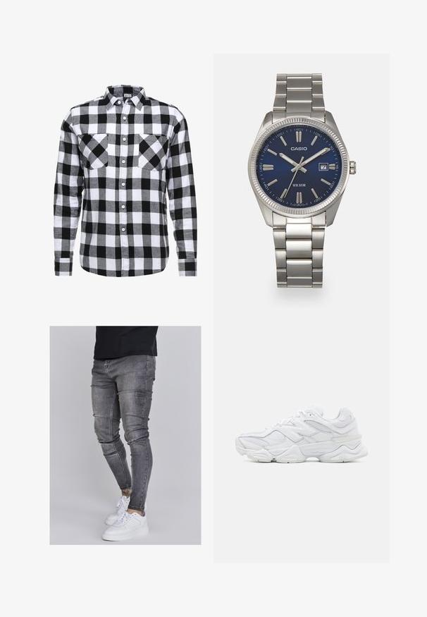 Schwarz-weißer Karo-Hemd mit Knöpfen, ausgestattet mit langen Ärmeln, zwei Brusttaschen und einem normalen Kragen. Hergestellt aus einem weichen Stoff.; Schlanke Jeans aus ausgebleichtem grauem Denim, mit abgenutzten Details an den Knien, kombiniert mit weißen Sneakers. Glatte Textur, schlanker Schnitt.; Weiße Sportschuhe mit einem Obermaterial aus Mesh und Leder, runder Zehenform, geschichteter Gestaltung und einer gepolsterten Sohle für zusätzlichen Komfort.; Silberner Armbanduhr aus Edelstahl mit einem dunkelblauen Zifferblatt, metallischen Stundenmarkierungen und einem Datumsfenster bei 3 Uhr. Wasserdicht bis 50 Meter.