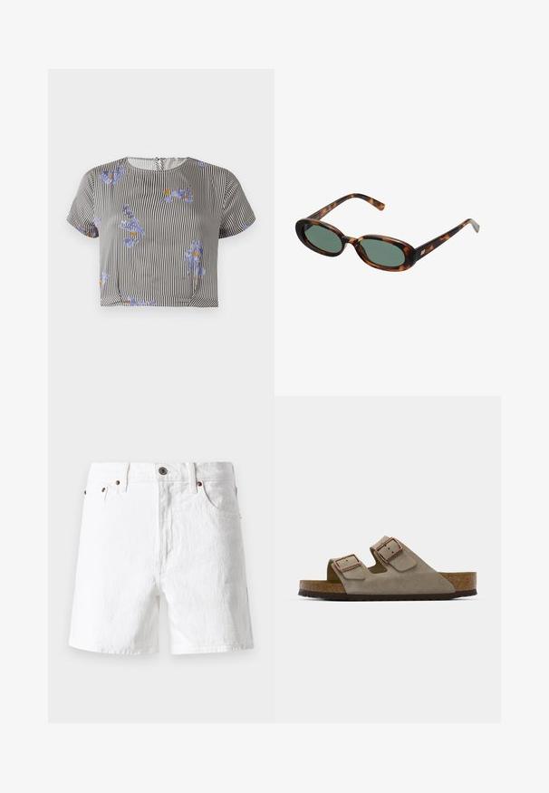 Gestreiftes, kürzeres Oberteil in Schwarz und Weiß mit blauem Blumenmuster und orangefarbenen Akzenten. Kurze Ärmel, runder Ausschnitt, leichtes Material.; Weiße Jeansshorts mit klassischem Design, im Five-Pocket-Stil, mit Kupferknopf-Akzenten und einer leicht strukturierten Stoffoberfläche.; Wildledersandale in Hellgrau mit zwei verstellbaren Schnallen, einer Kork-Zwischensohle und einer strukturierten Gummiaußensohle.; Schildpatt-Sonnenbrille mit ovalen Rahmen und grünen Gläsern. Verfügt über dünne Bügel mit einem metallischen Akzent in der Nähe der Scharniere.; Braune Ledertasche mit zwei langen Griffen, strukturierte rechteckige Form, glatte Textur und dezente Nähdetails.; Silberfarbene Creolen mit einer Reihe klarer Steine und einem runden Kristallanhänger, der von jeder hängt. Poliertes Metall, elegantes Design.