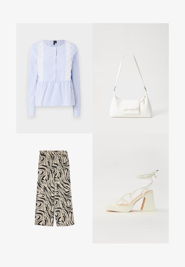 Ανοιχτό μπλε πουκάμισο με ρίγες και μακριά μανίκια, δαντελένια φάσα στα πλάγια, κουμπιά μπροστά και συγκεντρωμένη γύρω από τη μέση βάτα. Μαλακή υφή υφάσματος.; Παντελόνια σε ανοιχτόχρωμο φόντο με έντονο μαύρο αφηρημένο σχέδιο ζέβρας. Διαθέτουν ελαστική μέση και λεία υφή.; Λευκό πέδιλο με ψηλό τακούνι και χοντρή φτέρνα, διαθέτει σχέδιο με λουριά και λουράκι στον αστράγαλο. Λείο υλικό με μπροστινό πλατφόρμα για επιπλέον ύψος.; Λευκή συνθετική τσάντα σε τριγωνικό σχήμα, με επίπεδη μπροστινή καπάκι και λεπτομέρεια φιόγκου, ρυθμιζόμενο λουράκι, απαλή υφή και μινιμαλιστικό σχέδιο.