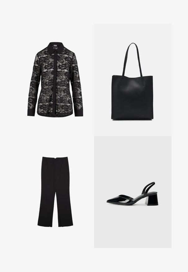 Črna čipkasta srajca s ovratnikom, ki ima cvetlični vzorec, sprednje gumbke in dolge rokave z enobarvnimi črnimi manšetami.; Črne hlače ravnega kroja z naglavnimi žepi in stranskimi razporki na robu. Narejene iz mehke, gladke tkanine. Primerne za različne priložnosti.; Črne lakirane slingback pete s koničastim nosom in geometrijsko blokasto peto. Imajo eleganten, minimalističen dizajn in gladko teksturo.; Črna usnjena torba s svilnato teksturo, pravokotne oblike in dvema dolgima ročajema. Brez vidnih metalnih delov ali okrasnih elementov.