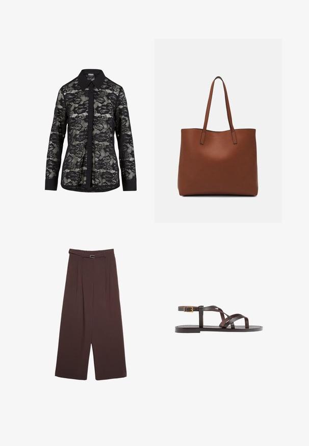 Camicia in pizzo nero con colletto, caratterizzata da un motivo floreale, chiusura con bottoni sul davanti e maniche lunghe con dettagli a polso in nero solido.; Stradivarius WIDE-LEG WITH BUCKLE DETAIL  - Pantaloni - dark brown; Sandal in pelle marrone con cinturini incrociati, chiusura con cinturino alla caviglia e suola piatta con dettagli di cucitura minimi.; Borsa tote in pelle marrone con texture liscia, design con apertura superiore e due spallacci. Presenta cuciture minime e nessun hardware visibile.