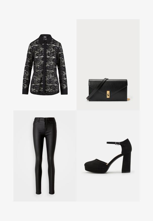 Camicia in pizzo nero con colletto, caratterizzata da un motivo floreale, chiusura con bottoni sul davanti e maniche lunghe con dettagli a polso in nero solido.; Jeans skinny neri in ecopelle con una consistenza liscia, vita alta, chiusura con bottone e design tradizionale a cinque tasche.; Scarpe con tacco a piattaforma nere in suede, dotate di un spesso tacco a blocco, punta arrotondata e cinturino alla caviglia fissato da una fibbia in metallo. Texture liscia su tutta la superficie.; Portafoglio in pelle nera con pattina a pieghe, accessori dorati, con un logo decorativo. Include una tracolla staccabile per il trasporto.