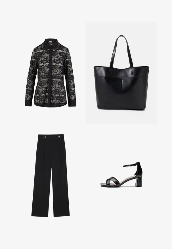 Crna čipkasta košulja s ovratnikom, sa cvjetnim uzorkom, kopčanjem sprijeda i dugim rukavima sa čvrstim crnim detaljima na manžetama.; Crne hlače širokih nogavica s visokim strukom, s dugmadi na pojasu i prednjim nabora.; Crne sandale s otvorenim prstima i potpeticama, s ukriženim trakama, podesivom narukvicom oko gležnja i masivnom potpeticom, izrađene od glatke kože.; Crna kožna torba s dugim ručkama, glatkom teksturom i strukturiranim oblikom. Ima prednju džep za dodatno pohranu.